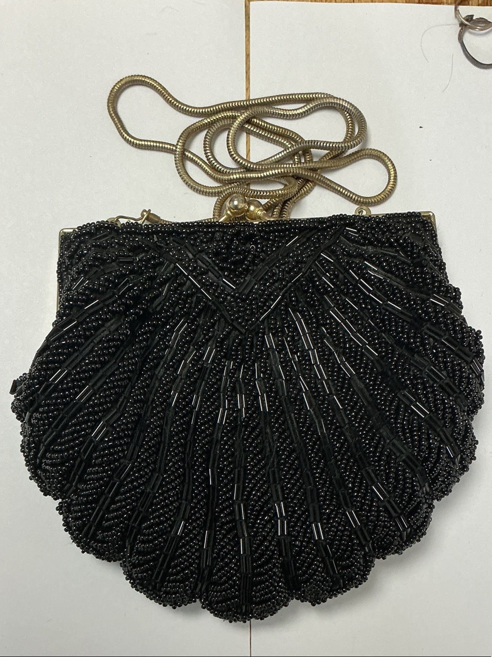 Vintage Black Beaded Shell-Style Evening Clutch with 36” Gold Chain